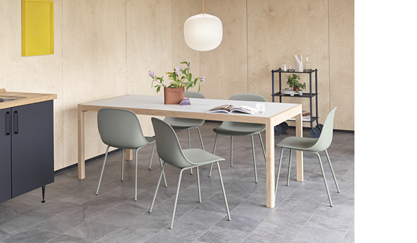 Fiber side chairs with tube base, Workshop table and Rime lamp by Muuto.