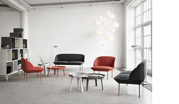 Fluid hanging lamp, here with oslo sofa group, around table, stacked modules and leaf lamp, by Claesson, Koivisto and Rune / Muuto.