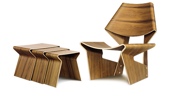 GJ chair and nesting table, here the teak version, by Grete Jalk / Lange Production.