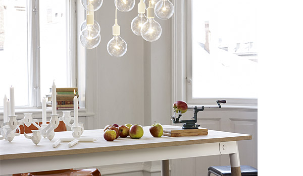 The more the merrier candle holders, seen here on adaptable table with E27 hanging lamps, by Louise Campbell / Muuto.