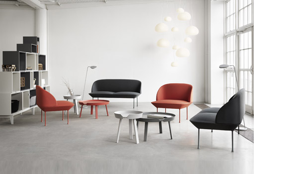 Oslo sofa, chair and pouf, seen here with around tables and stacked modules, by Anderssen & Voll / Muuto.
