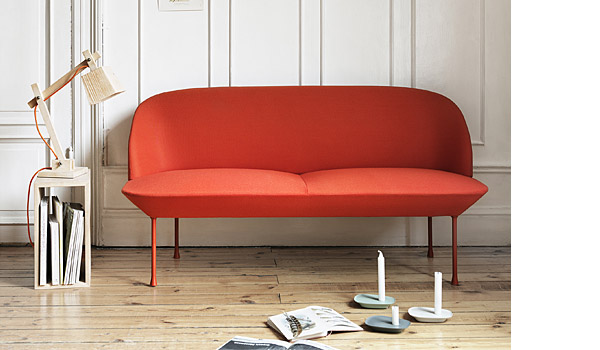 Oslo sofa, chair and pouf, seen here with stacked module and wood lamp, by Anderssen & Voll / Muuto.