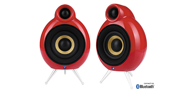 Micropod Bluetooth loudspeakers in red.