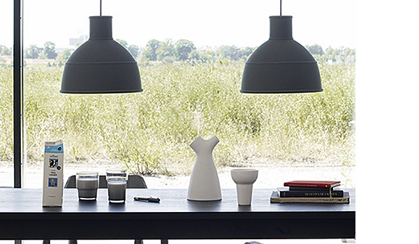 Same same but different, set of three glasses here seen with flow carafe and unfold lamp, by Norway Says / Muuto.