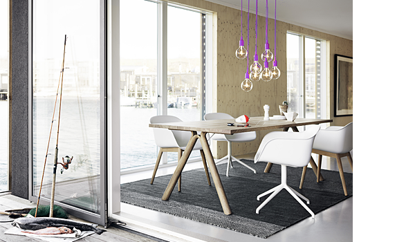 E27, purple hanging lamps w. incandescent bulbs by Matthias Ståhlbom / Muuto.