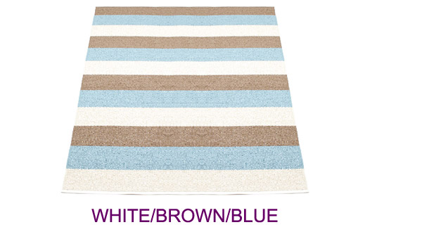 SALE! SEB rug, 140 x 200 cm, white/brown/blue. Produced by Pappelina, Sweden.