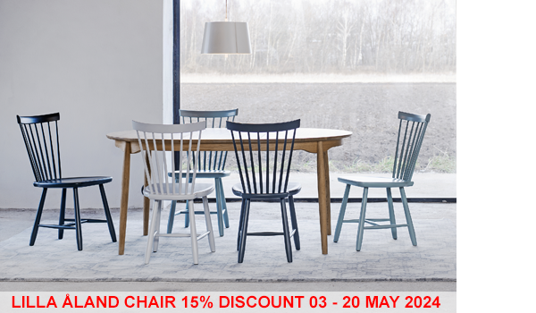 -15% campaign on the Lilla Åland chairs. Here six Lilla Åland chairs in different colours around a Carl table. Campaign runs from 3 - 20th May 2024.