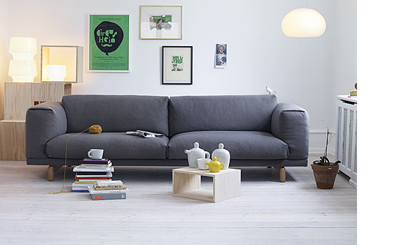 Bulky tea set, seen here with rest sofa, stacked modules and cosy in white and fluid lamps, by Jonas Wagell / Muuto.