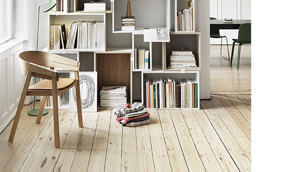 Cover arm chair, seen here with leaf lamp and stacked modules, by Thomas Bentzen / Muuto.