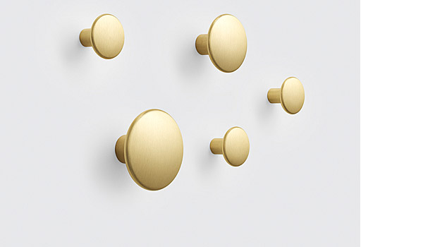 Dots metal coat hangers, available in aluminium, brass and black. Designed by Lars Tornøe / Muuto.