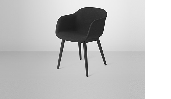 Fiber chair, here with upholstered (Remix 183) shell and black wood base, by Iskos-Berlin / Muuto.