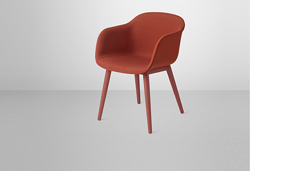 Fiber chair, here with upholstered (Remix 643)  shell and red wood base, by Iskos-Berlin / Muuto.
