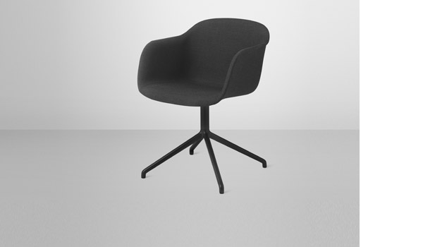 Fiber chair, here with upholstered (Remix 183) shell and black swivel base, by Iskos-Berlin / Muuto.