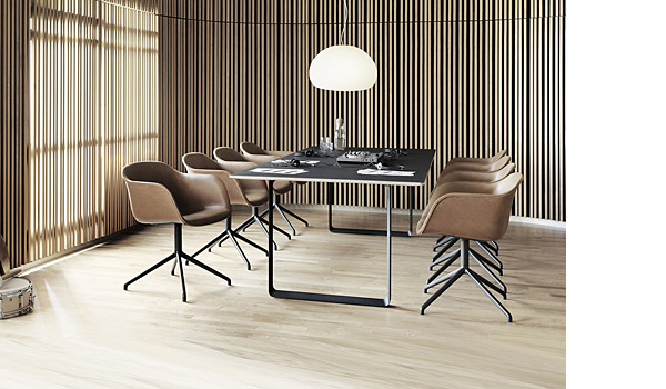 Fiber chair with leather shell and swivel base, seen here with 70/70 table and fluid lamp, by Iskos-Berlin / Muuto.