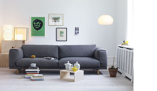 Fluid hanging lamp, here with rest sofa, bulky tea set and stacked modules, by Claesson, Koivisto and Rune / Muuto.