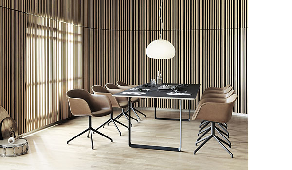 Fluid hanging lamp, here with 70/70 table and fiber chairs, by Claesson, Koivisto and Rune / Muuto.