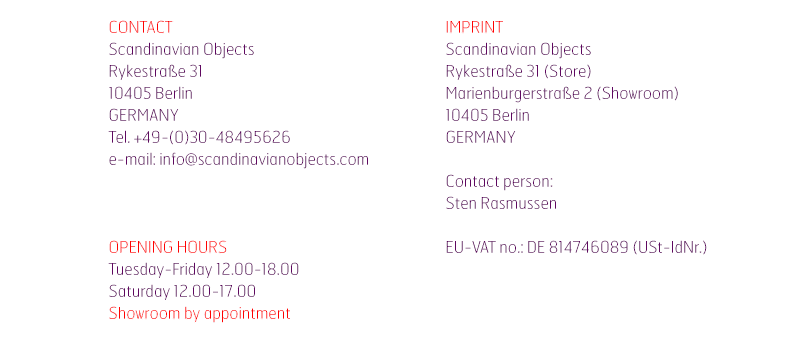 Business information including contact details: address and phone number, legal imprint with company information and EU VAT number, and opening hours schedule