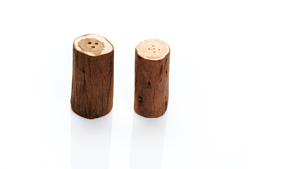 Salt and pepper shaker set made from juniper wood.