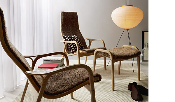 Lamino, lounge chair and stool (oak/brown sheepskin) by Yngve Ekström / Swedese.