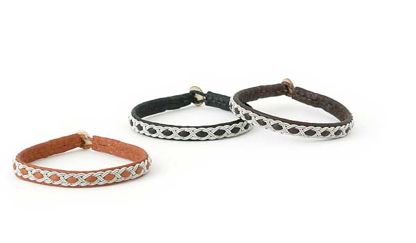 Leather bracelets with pewter thread decoration