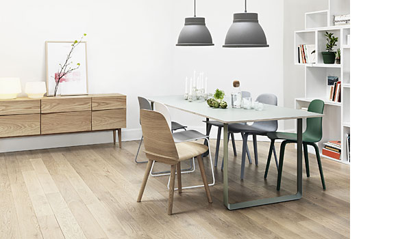 Nerd chair, seen here with 70/70 table, visu chair, studio lamp and reflect sideboard, by David Geckeler / Muuto.