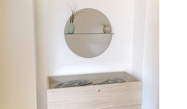 Otto, mirror with shelf, by Anya Sebton & Eva Lilja Löwenhielm / Asplund. Artwork by Sally Osborn.