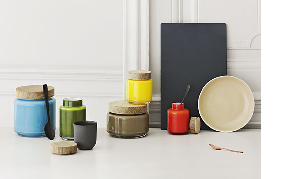 Palet, mouth-blown coloured glass jars with oak lid, by Michael Bang / Holmegaard.