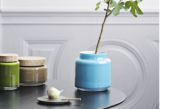 Palet, mouth-blown coloured glass jars with oak lid, by Michael Bang / Holmegaard.