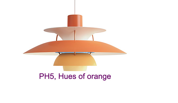 PH 5, new hue of orange version released to celebrate PH 5's 60 year anniversery, by Poul Henningsen / Louis Poulsen.