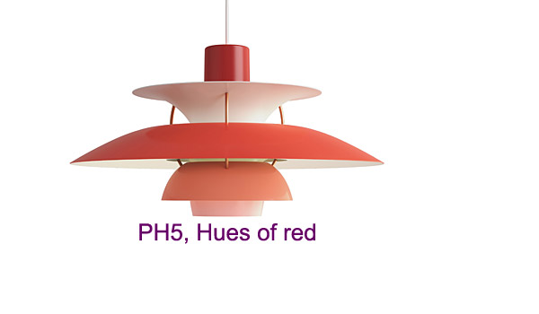 PH 5, new hue of red version released to celebrate PH 5's 60 year anniversery, by Poul Henningsen / Louis Poulsen.