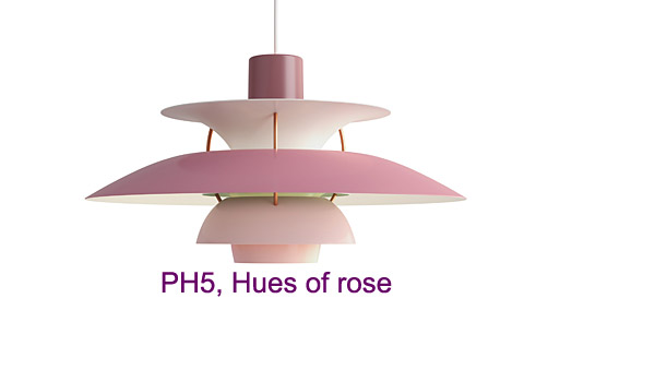 PH 5, new hue of rose version released to celebrate PH 5's 60 year anniversery, by Poul Henningsen / Louis Poulsen.