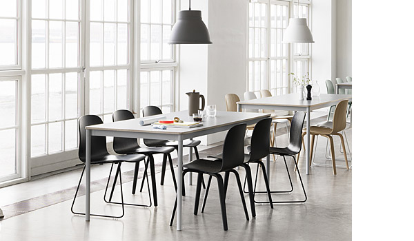 Push coffee maker, seen here on base table with visu chairs and studio lamps, by Mette Duedahl / Muuto.