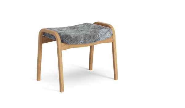 20% SALE! Swedese Lamino footstool. Oil treated oak frame upholstered with scandinavian grey sheepskin. Made by Swedese, Sweden.