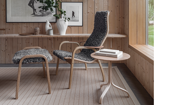 20% SALE! Swedese Lamino footstool. Oil treated oak frame upholstered with scandinavian grey sheepskin. Made by Swedese, Sweden.