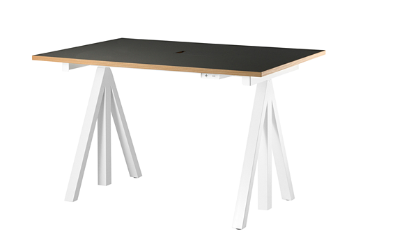 SALE! String works height adjustable work desk. Available with oak or black lino top.