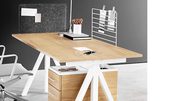 SALE! String works height adjustable work desk. Available with oak or black lino top.