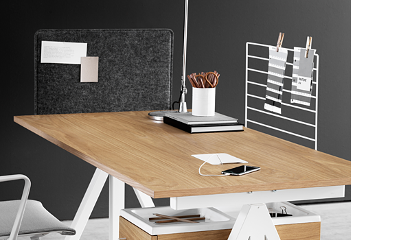 SALE! String wire screen and fabric sleeve on oak table. The wire screen works well as a divider between workstations and, as a bulletin board. Adding the fabric sleeve creates privacy and sound absorbing qualities.