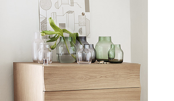 Silent glass vase, seen on reflect chest of drawers, by Andreas Engesvik / Muuto.