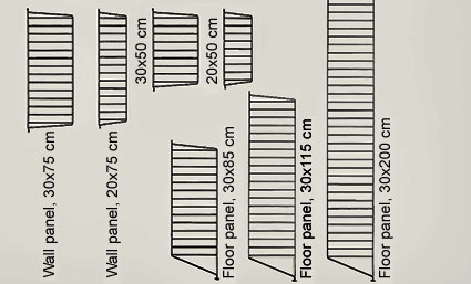 String panels available in five sizes and three colours.