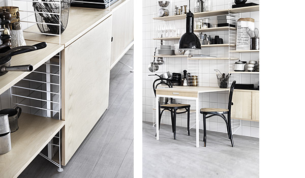 String shelving system. Details shown here of a combination of white floor panels and birch shelves, cabinets and fold out table.