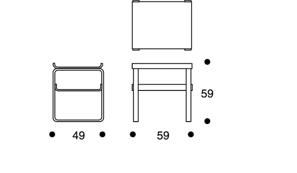 Table 915, measurements in cm, by Alvar Aalto / Artek.