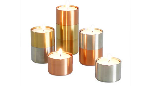 Trepas, tealight holders made from stainless steel, brass and copper - available in sets of six or nine, by Peter Karpf / ArchitectMade.