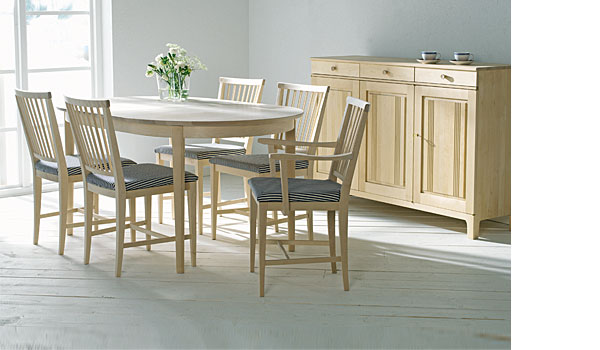 Vardags, dining chair and table in birch, by Carl Malmsten / Stolab.