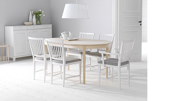 Vardags, dining chair and table in white and birch, by Carl Malmsten / Stolab.